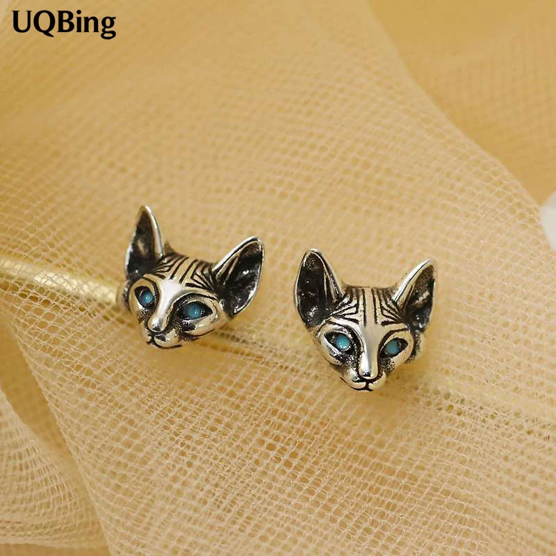 

Vintage Thai Silver Sphynx Cat Stud Earrings For Women Animal Gifts Jewelry