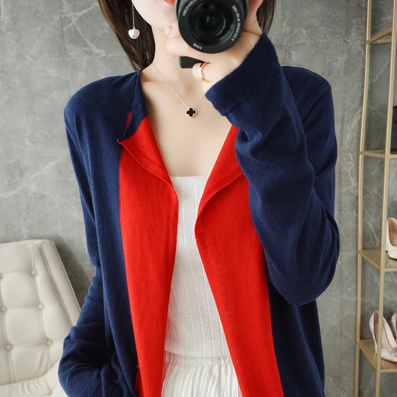 

Spring and autumn new cashmere sweater ladies round neck cardigan casual stitching sweater oversized knitted wool top Female