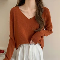 womens autumn new knitted sweater v neck long sleeve casual knitwear female solid basic loose soft all match pullover femme