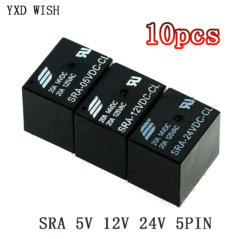 

10Pcs 5V 12V 24V 20A DC Power Relay SRA-05VDC-CL SRA-12VDC-CL SRA-24VDC-CL 5Pin PCB Type Black Automobile Relays