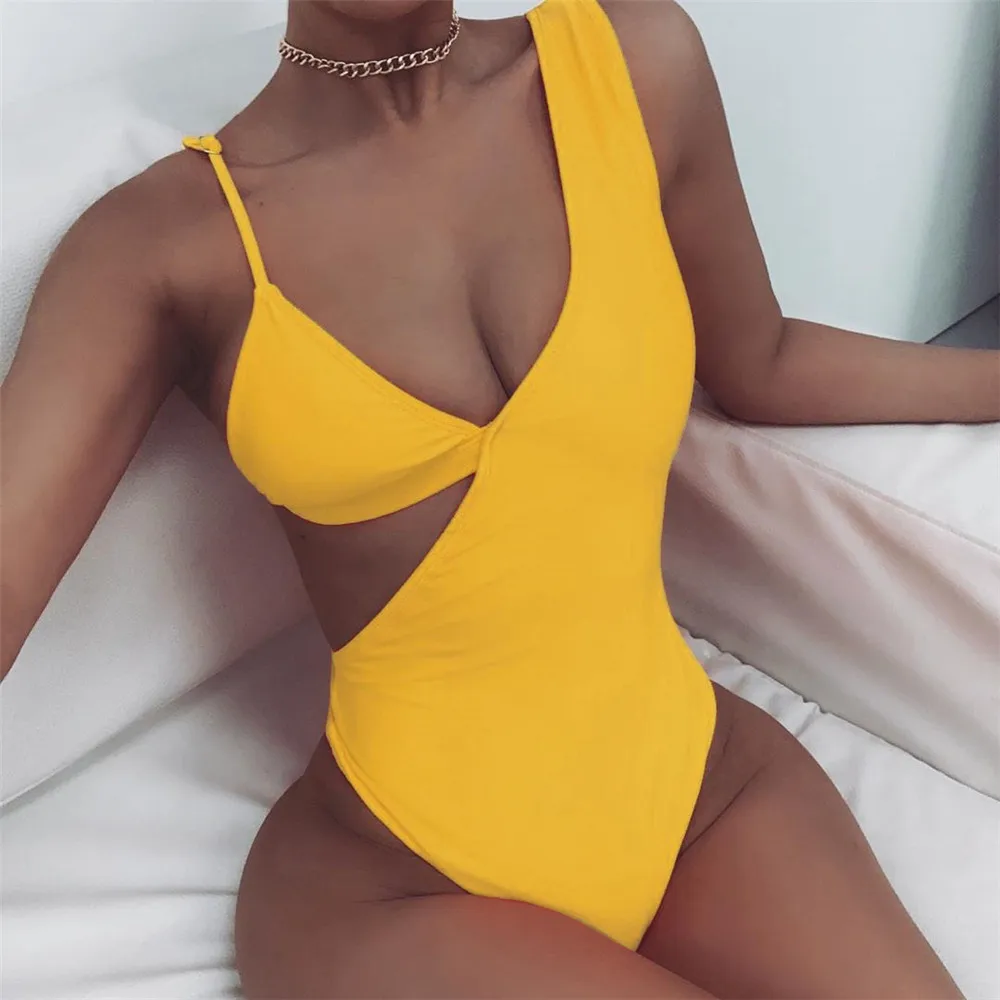 

Sexy Yellow High Cut Swimwear Women One Piece Swimsuit 2021 Summer Cut Out Bathing Suit Monikini Beachwear Bather Swimming Suit