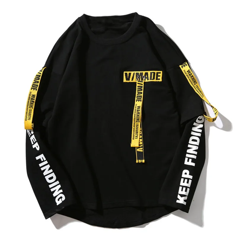 

LACIBLE Hip Hop Pullover Sweatshirt Men 2021 Casual Ribbon Harajuku Sweatshirt T-shirt Cotton Long Sleeve T Shirt Tops Tees
