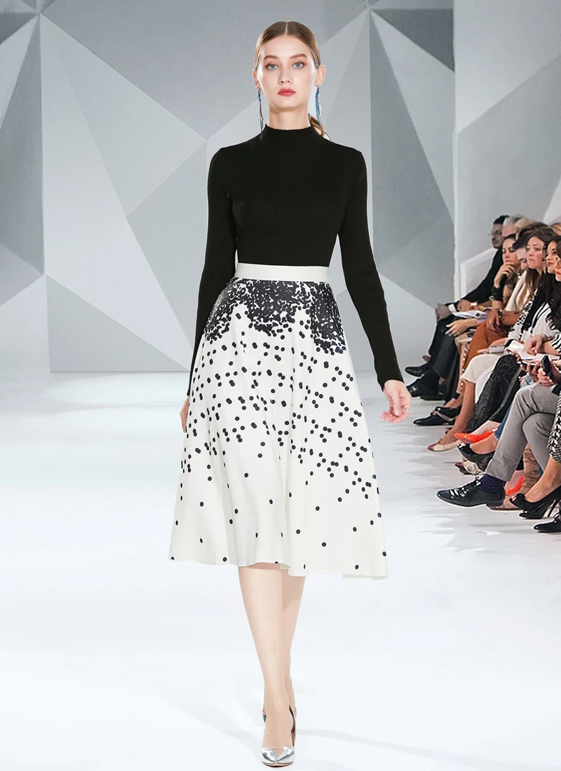 Женский дизайнерский элегантный костюм с юбкой черный вязаный свитер длинным