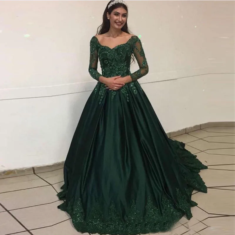 

Dark Green Long Sleeves Lace Evening Dresses Arabic 2020 Scoop Neck Satin Appliques Beaded Formal Party Prom Dresses Vestidos