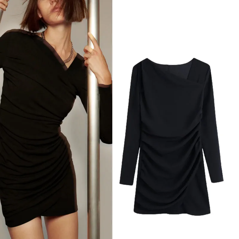 

Xypskh Za Women New Fashion Black Pleated Soft Touch Mini Dress Vintage Long Sleeve Back Zipper Female Dresses Vestidos Mujer