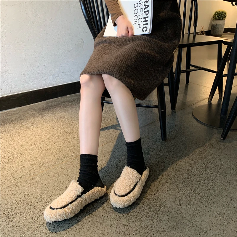 MIULAMIULA/фирменные дизайнерские туфли; коллекция года; Сезон Зима; Новинка; модные мягкие теплые туфли на плоской подошве с кроличьим мехом; женские лоферы без застежки на толстой подошве