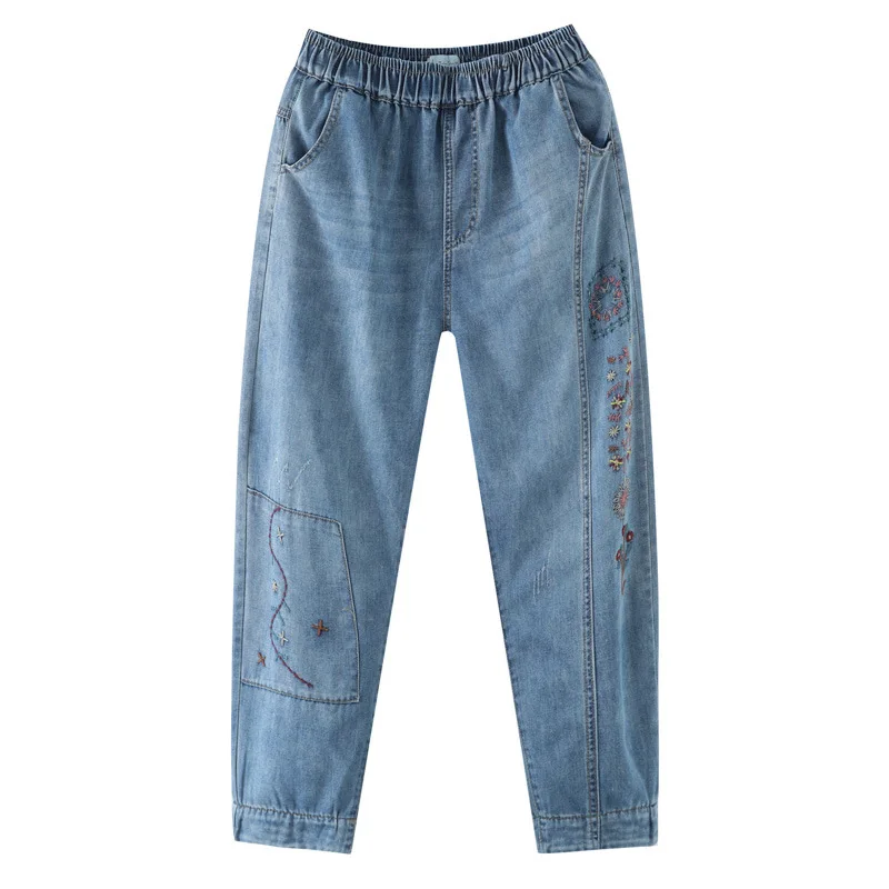 

2021 Spring And Summer Retro Elastic Waist Pants Flower Embroidery Harem Casual Loose Washed Jeans Ankle -lenght Pants Yalabovso
