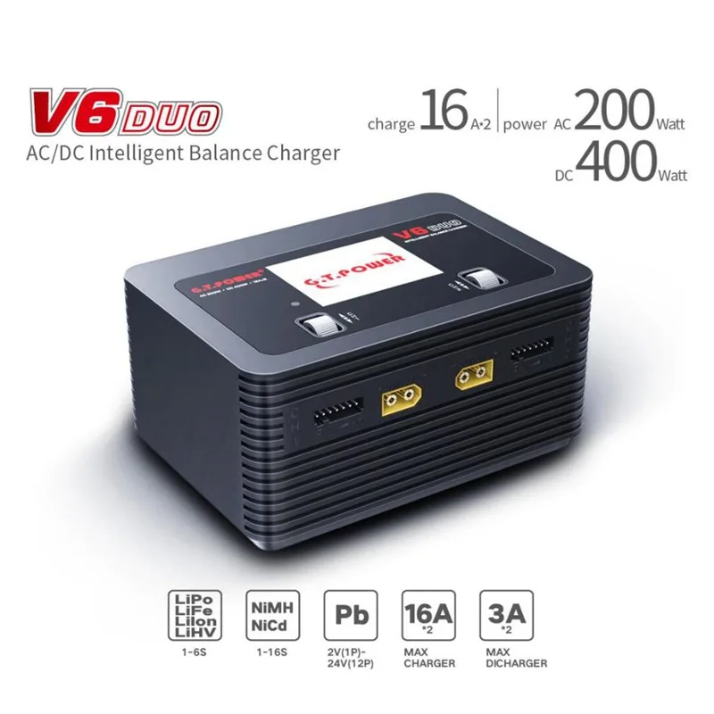 Интеллектуальное балансирующее зарядное устройство GT Power V6 DUO AC 100-240 В DC 9-24 400 Вт