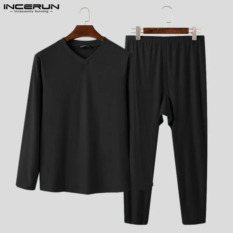 

Комплект мягкой мужской пижамы INCERUN, пижамный комплект для мужчин, с длинным рукавом и V-образным вырезом, однотонный, домашняя одежда, 2 шт.