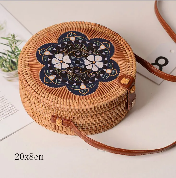 flower Q 20X8cm Солнечный пляж, ручные тканые сумки, круглая сумка с пряжкой, Ротанговые соломенные сумки, ранец, богемная пляжная круглая сумка - Цвет: flower Q 20X8cm