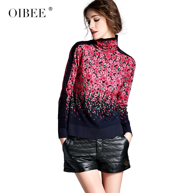 Flower red OIBEE2019 осенний женский Модный пуловер с высоким воротником и принтом длинный рукав джемпер женский свитер - Цвет: Flower red