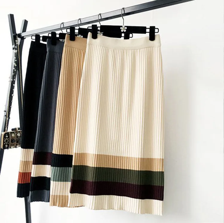 Женские плиссированные юбки в полоску осенне-зимние длинные с прострочкой