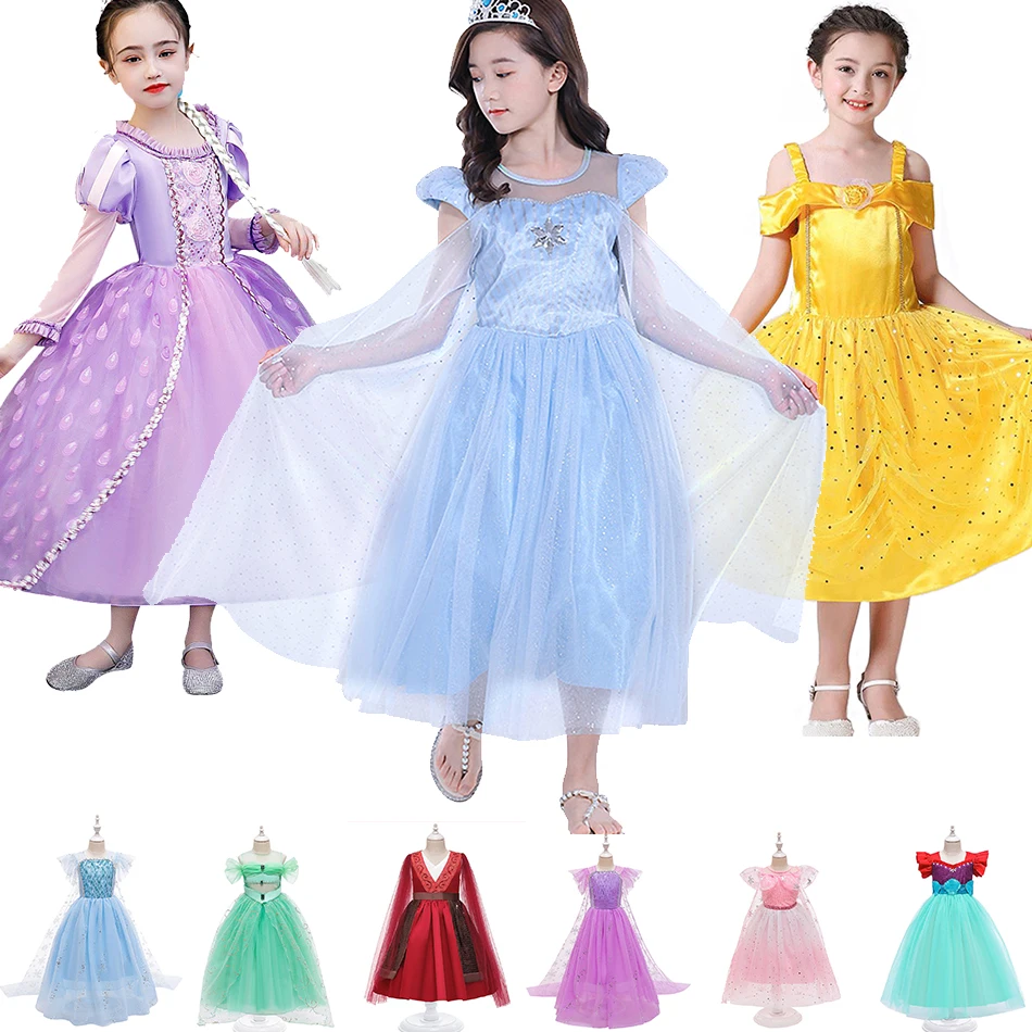 

Snow Queen New Dress Girls Princess Belle Children Dresses Role Play Costume Kids Summer Bithday Girls Party Gown