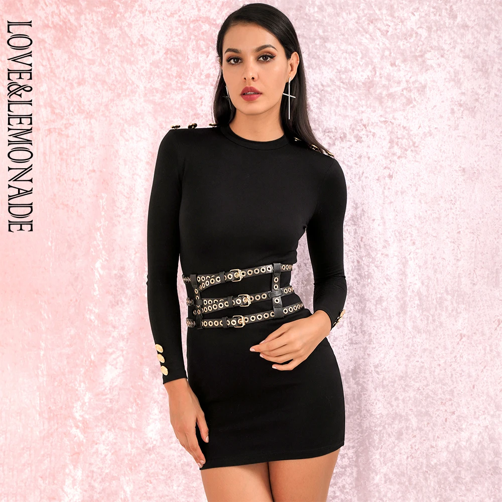 Женское мини платье LOVE & LEMONADE черное/золотое облегающее на пуговицах с длинным