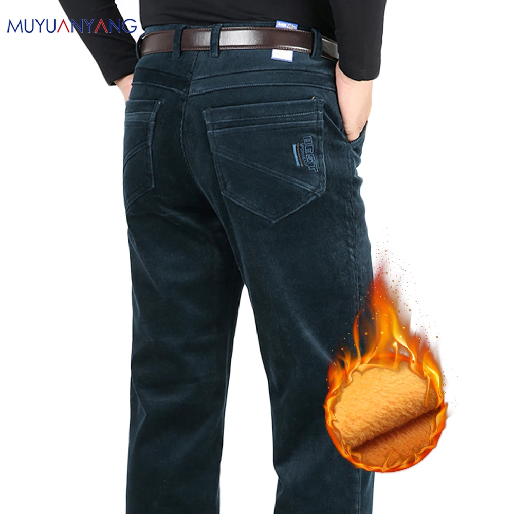 Mu Yuan Yang Winter New Men Casual Sweat Pants Velvet Thicken Corduroy Fleece Stretch Slacks Loose Warm Men's Trousers | Мужская