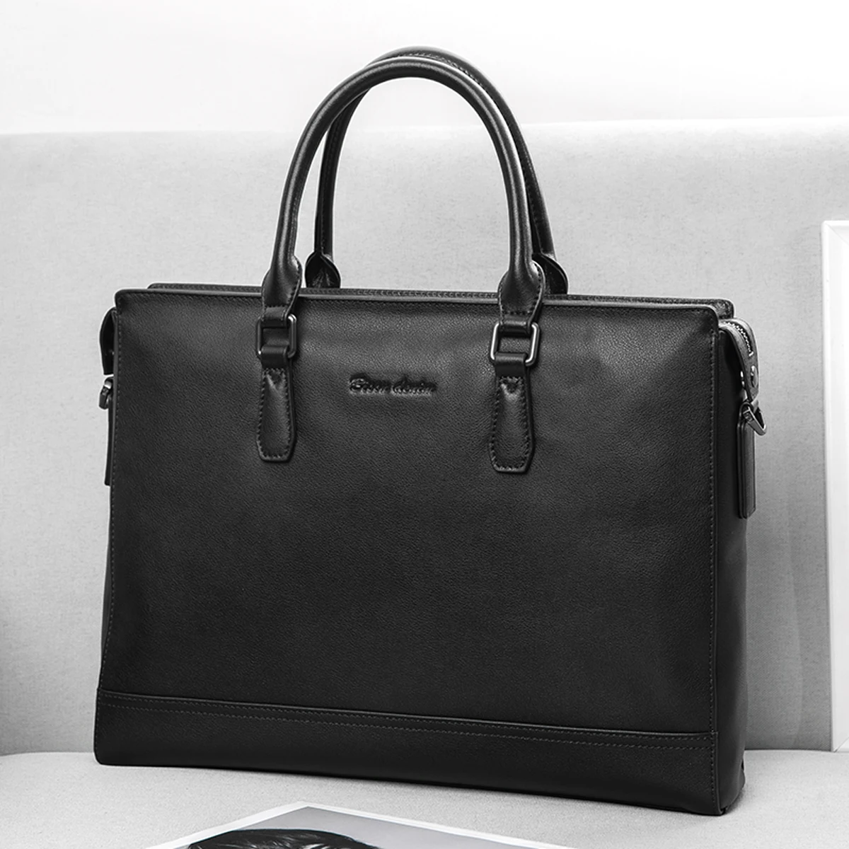 Мужская деловая сумка BISON DENIM черная сумка-мессенджер из натуральной кожи