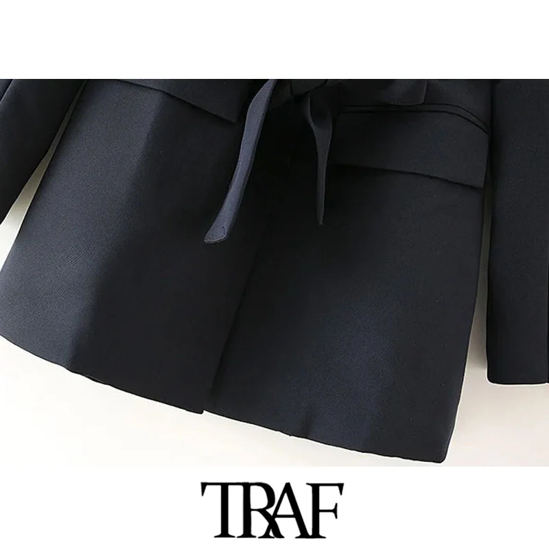 

TRAF Women Fashion With Belt Single Button Blazers Coat Vintage Long Sleeve Pockets Female Outerwear Chic Tops