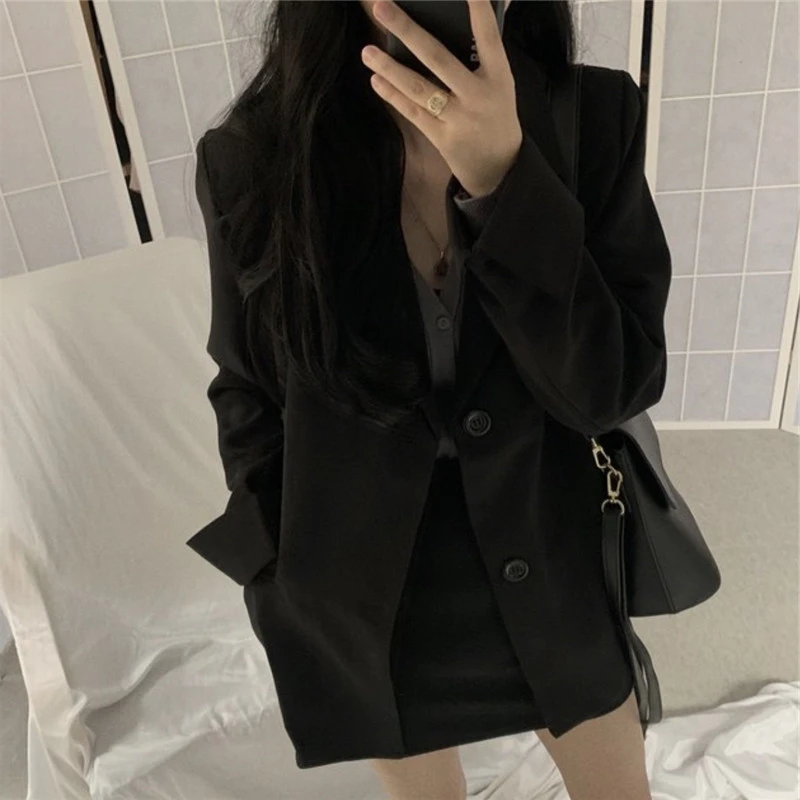 Black Formal Business Blazers Women Elegant Straight Oversize Spring Office Ladies England Style Retro Solid Long Sleeve Tops | Женская