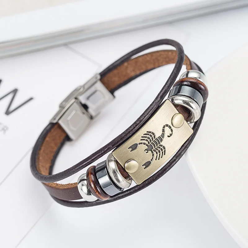 Drop Shipping Hot Sale Fashion 12 Zodiac Signs Bracelet for Men Stainless Steel Clasps Genuine Leather Cuff Romantic Jewelry | Украшения и