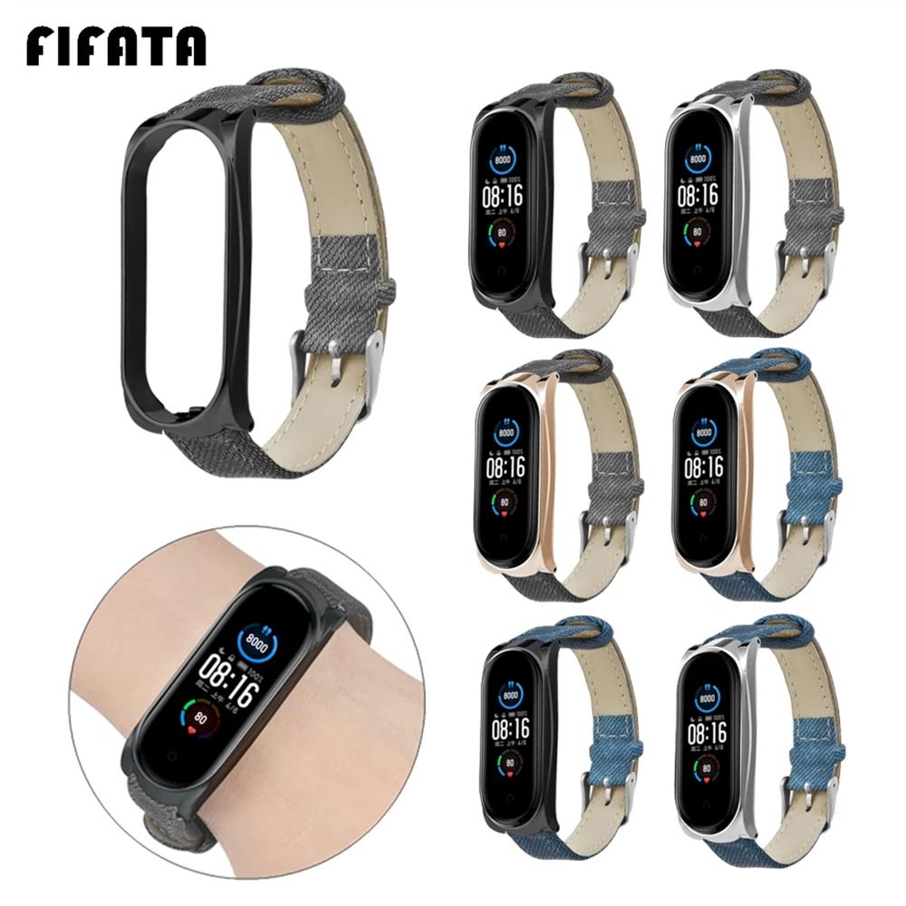 Ремешок FIFATA для Xiaomi Mi Band 5 & 4 умный Браслет из денима + кожаный ремешок браслет 3