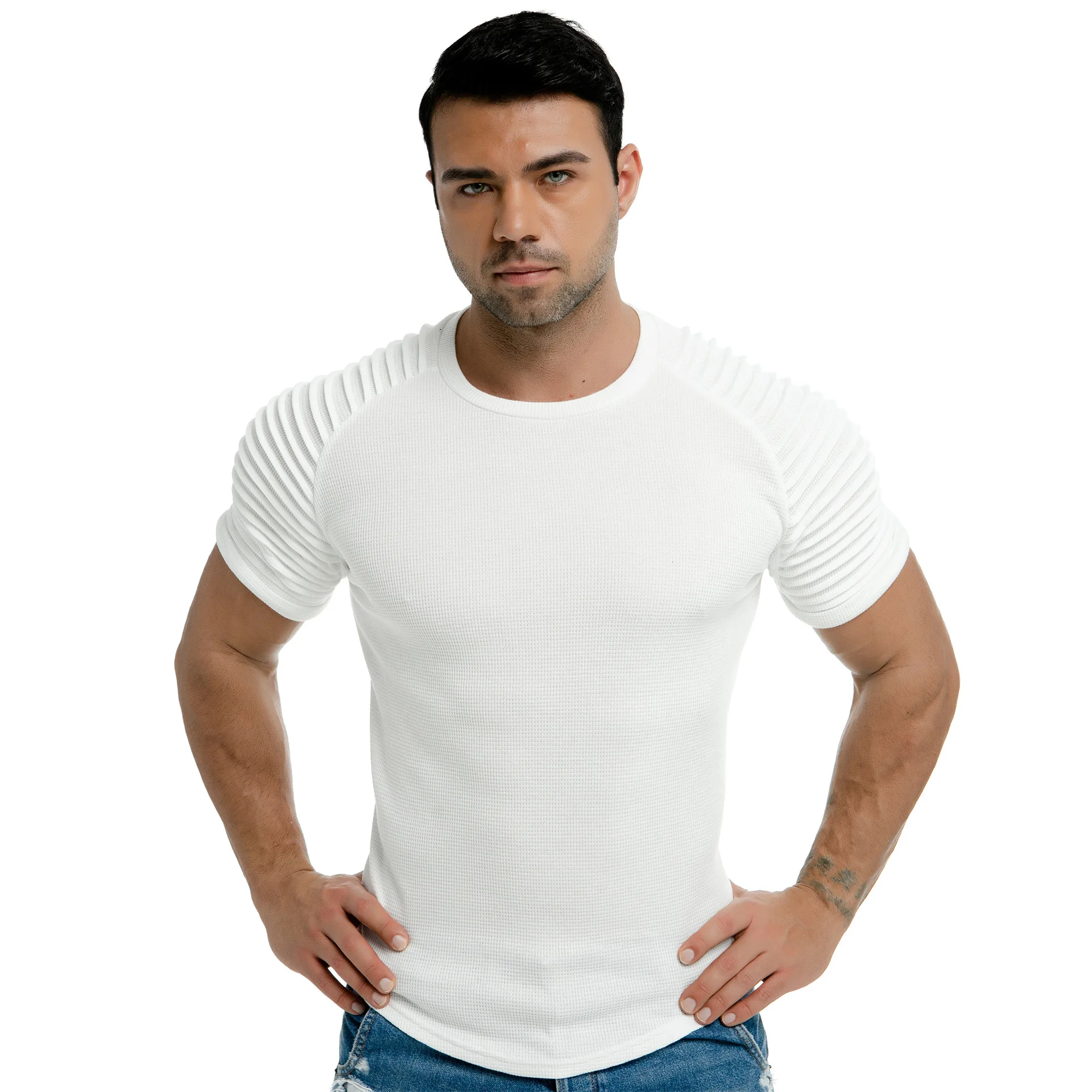

Men Fashion Solid Color Round Neck T Shirt 2021 Summer Casual Sports Folds Short Sleeve T Shirt Trend Tees Men Clothing