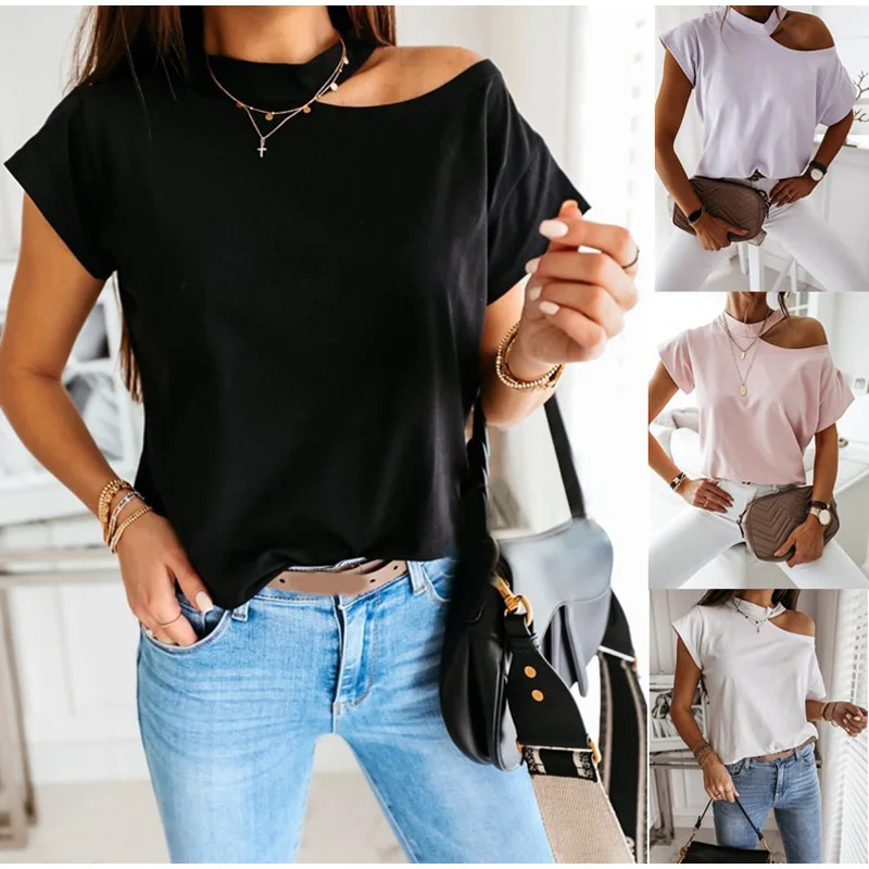 

Girls Tshirt Off Shoulder Short Sleeve White Solid Black Ladies Tshirts Halter 2020 Summer Fashion Casual T Shirts Tops Women