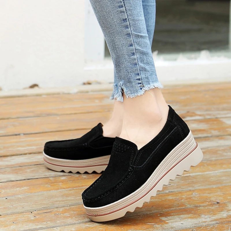 

2019 Spring Women Flats Shoes Platform Sneakers Slip On Flats Leather Suede Ladies Loafers Moccasins Casual Shoes Women Creepers