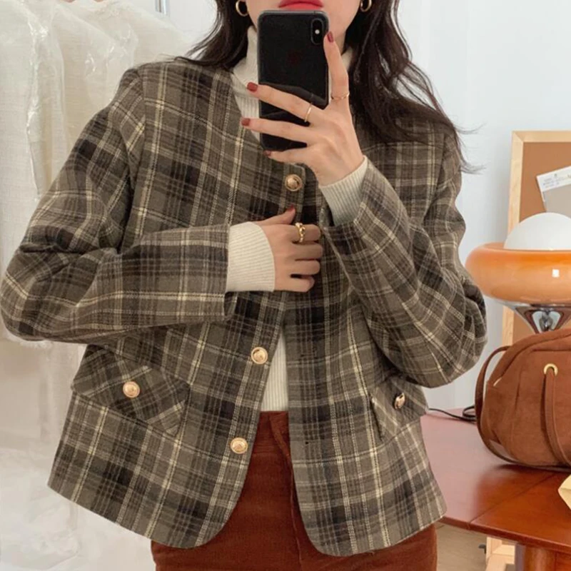 

Женская Клетчатая Шерстяная куртка в стиле ретро, с длинным рукавом