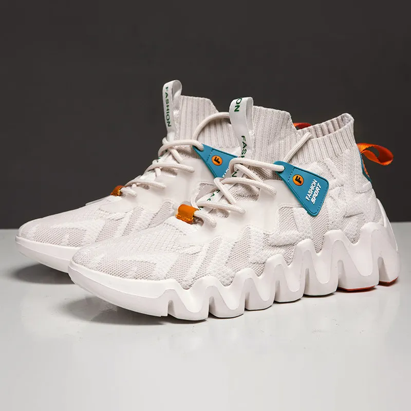 

Кроссовки-Носки мужские на платформе, высокие, дышащие, на шнуровке, Повседневная Уличная обувь, модные, белые