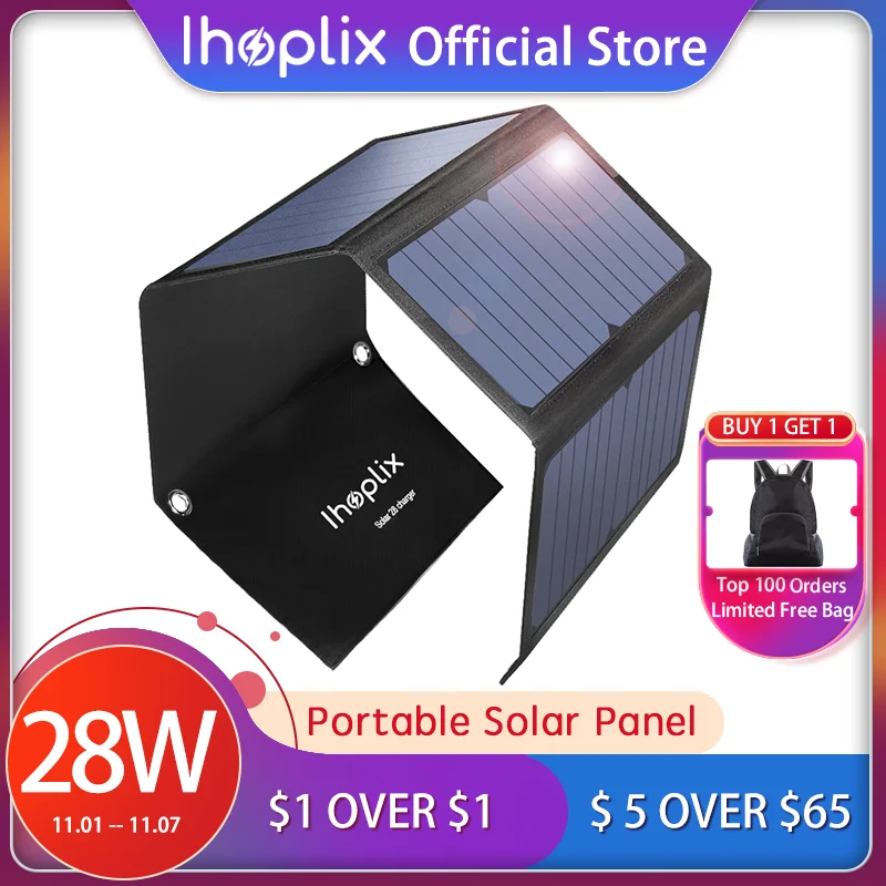 IHOPLIX 28W Foldable Portable Solar Charger with QC 3.0 Quick Charging 3 USB Port for Cell Phone iPhone iPad Samsung Tablet | Электроника