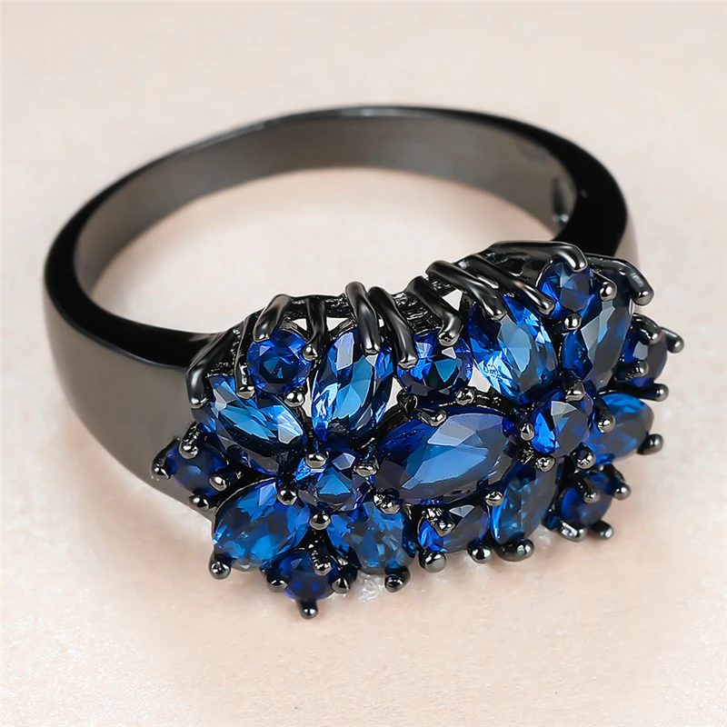 

Vintage Female Blue Crystal Stone Ring Charm 14KT Black Gold Wedding Rings For Women Luxury Geomerty Zircon Engagement Ring