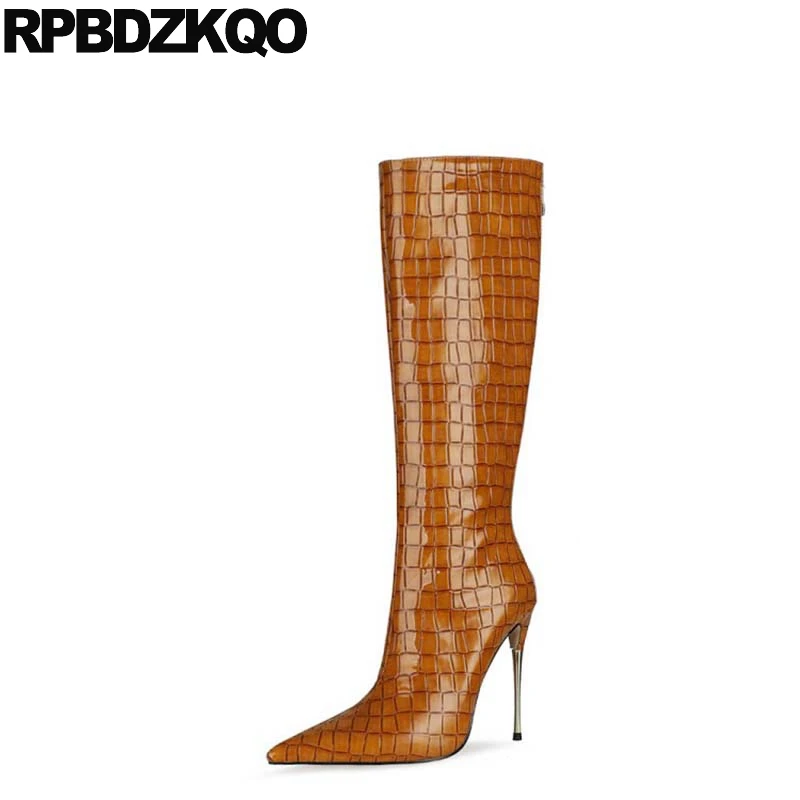 Big Size Stiletto Drag Queen Knee High Sexy Shoes Stripper Pole Snakeskin Green Metal Heel Boots Pointed Toe Women 12 44 Snake | Обувь