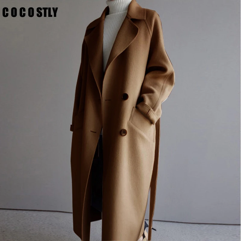 

Женское шерстяное пальто в Корейском стиле, длинное пальто-Тренч оверсайз с широким отворотом и поясом с карманами, верхняя одежда для зимы