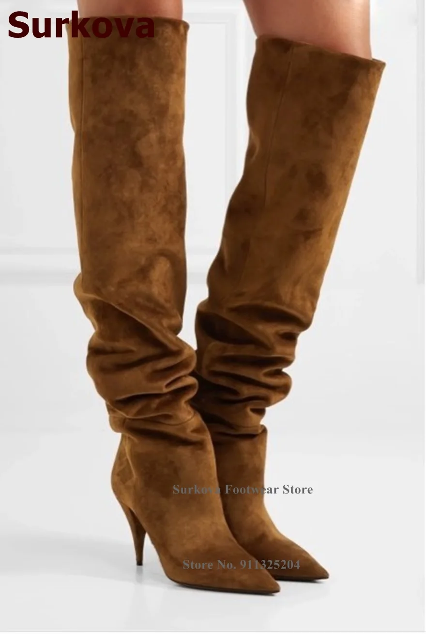 Женские замшевые плиссированные ботфорты Surkova кофейные Сапоги выше колена на