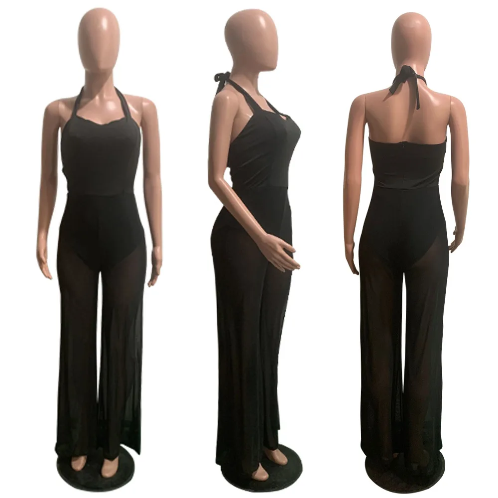 

Donsignet Fashion Women's Jumpsuit New Summer Hot Sale Casual Round Neck Solid Color Sling Hanging Neck Strap Wide-leg Jumpsuit