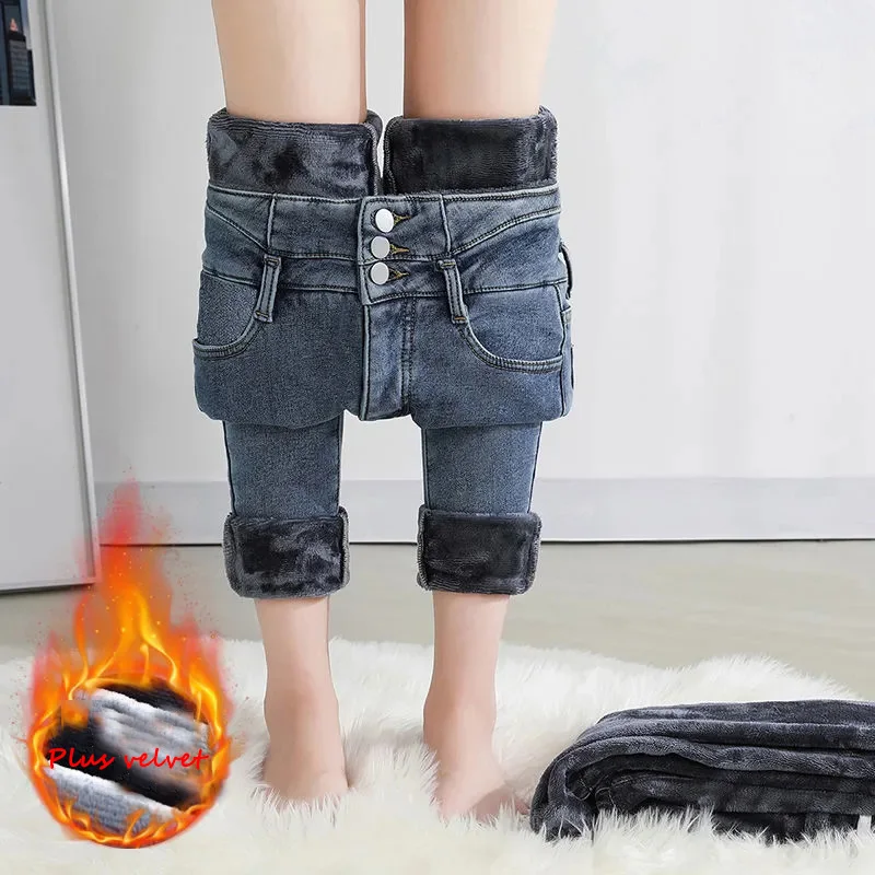 

Winter Thicken Button Ultra High Waist Jean Women Slim Warm Velvet Skinny Denim Pants Korean Fashion Casual Pencil Stretch Jeans
