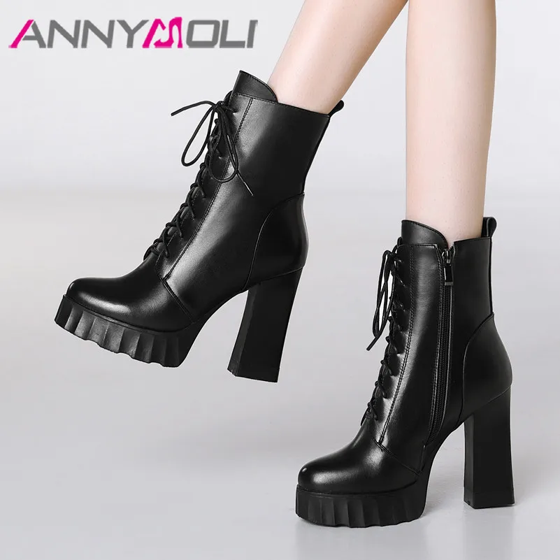 

ANNYMOLI Winter Ankle Boots Women Natural Genuine Leather Thick Heels Short Boots Zipper Super High Heel Shoes Female Size 34-39