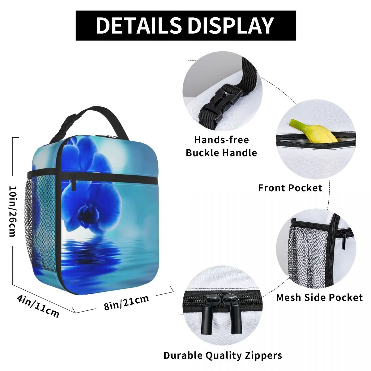 

Blue Orchid Flower Lunch Bag for Women Men Large Insulated Lunch Box with Water Bottle Holder and Pockets