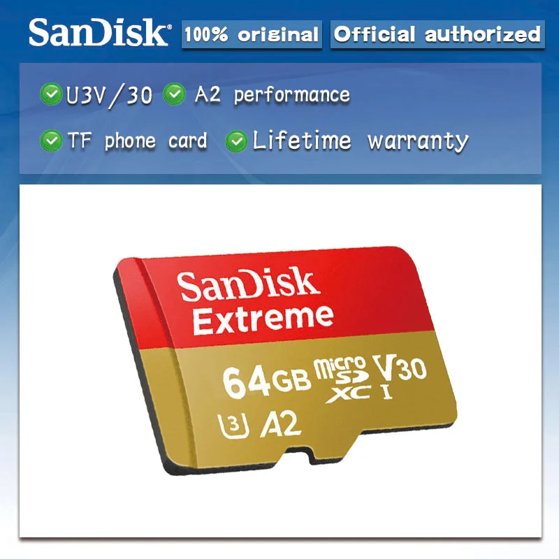 SanDisk Экстремальная карта памяти 64 Гб класс 10 SDHC U3 90 МБ/с./с Micro SD с адаптером Microsd Cartao