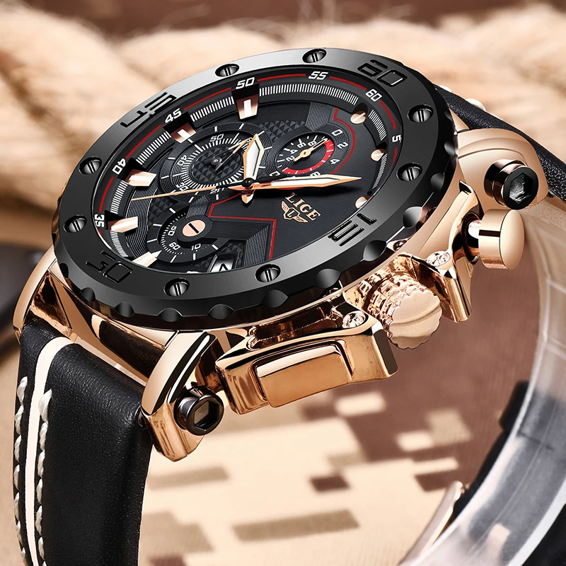 2020LIGE Rose gold Mens Watches Top Brand Luxury Big Dial Military Quartz Watch Leather Waterproof Sport Chronograph Men | Наручные часы