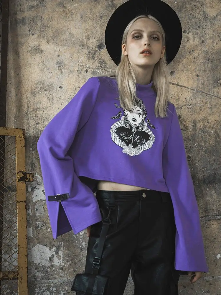 Панк Rave women's Goth Высокая шея ведьма печатных Повседневный свитер PT 404|Футболки| |