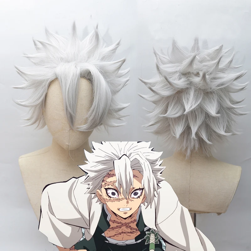 Парик для косплея Shinazugawa Sanemi из аниме на Хэллоуин Короткие Серые и серебристые