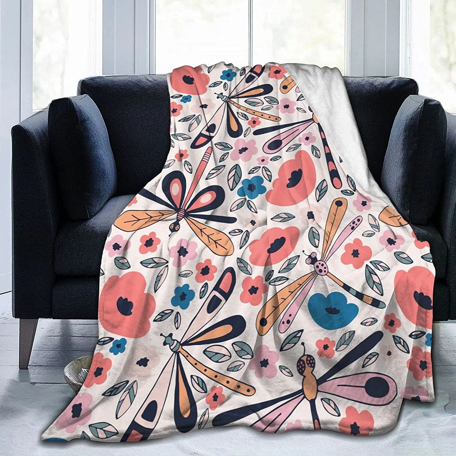 

Floral Dragonfly Leaves Fleece Flannel Throw Blankets for Couch Bed Sofa Car,Cozy Soft Blanket Throw Queen King Size
