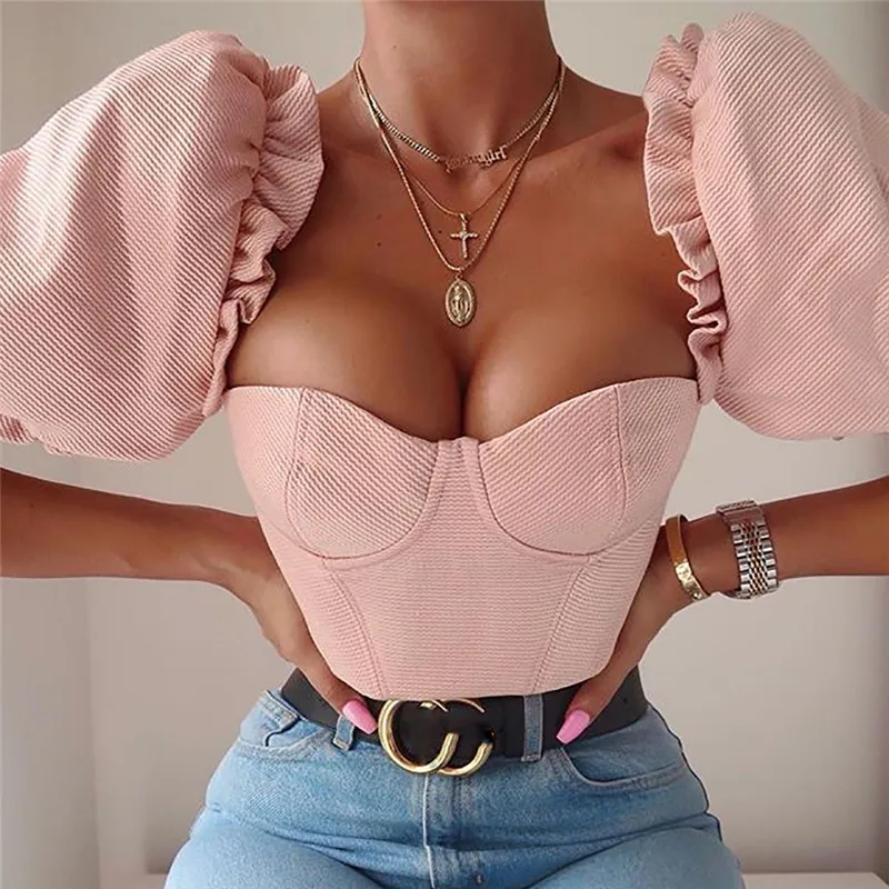 2019 Женская летняя футболка с открытыми плечами и пышными рукавами женские