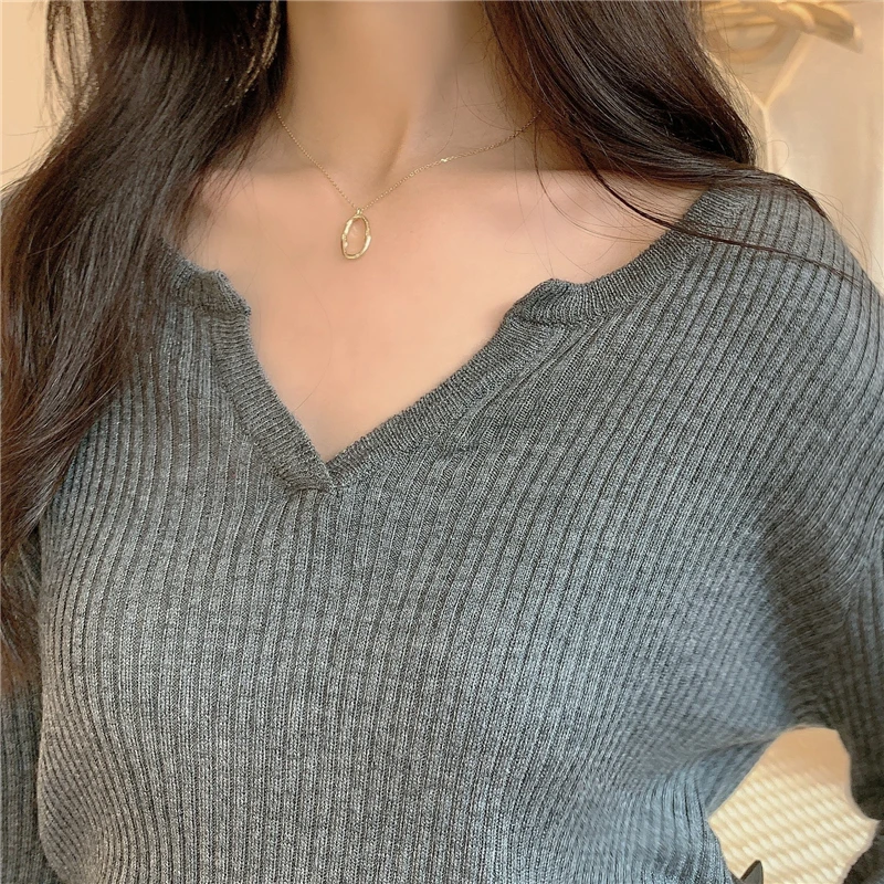 

Pullovers Women Autumn V-neck Knitting All-match Solid Korean Style Large Size 4XL Stretchy Warm Elegant Slender Pullover Womens