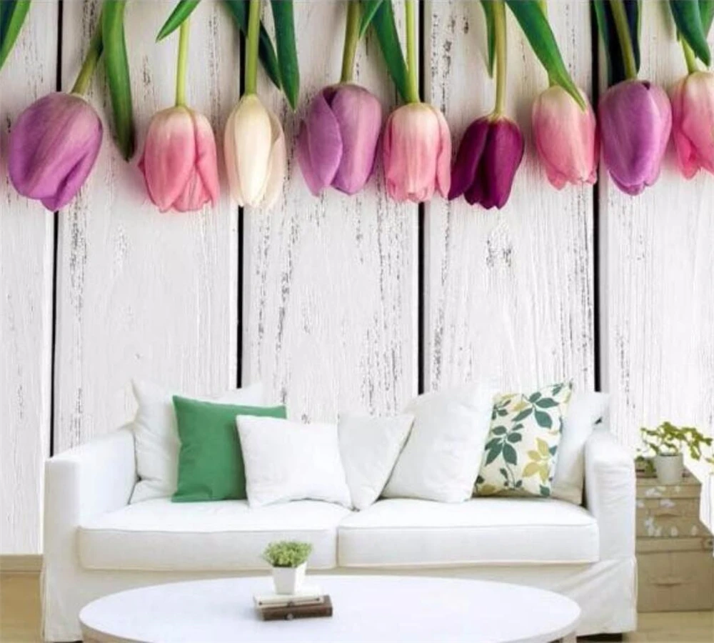 

beibehang Custom wallpaper retro white wooden fashion tulip background modern European art mural living room home decoration