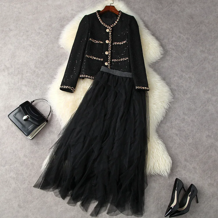 

European and American women's wear new autumn 2022 Long sleeve phnom penh Sequined single-breasted tweed coat Mesh skirt suits