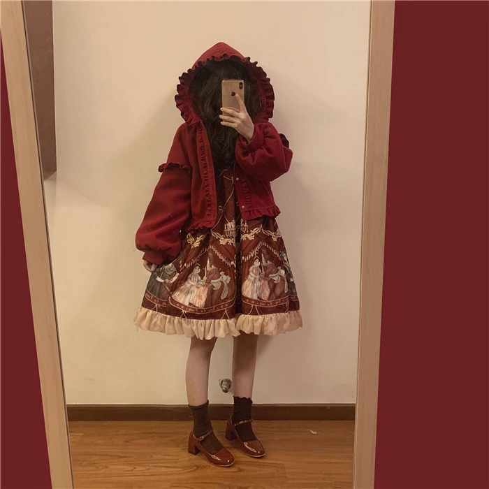(Coat) Wine Red 3 цвета, осенне-зимнее пальто в стиле Лолиты для женщин, милая накидка с капюшоном для девочек, бархатная утепленная одежда в стиле Лолиты с рукавами-фонариками - Цвет: (Coat) Wine Red
