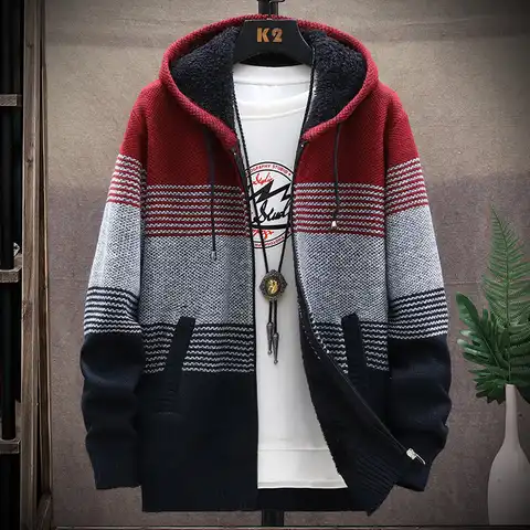 Осень 2021, корейский мужской свитер с капюшоном, толстый и бархатный мужской кардиган, вязаный свитер, пальто, куртка в полоску, мужская модел...