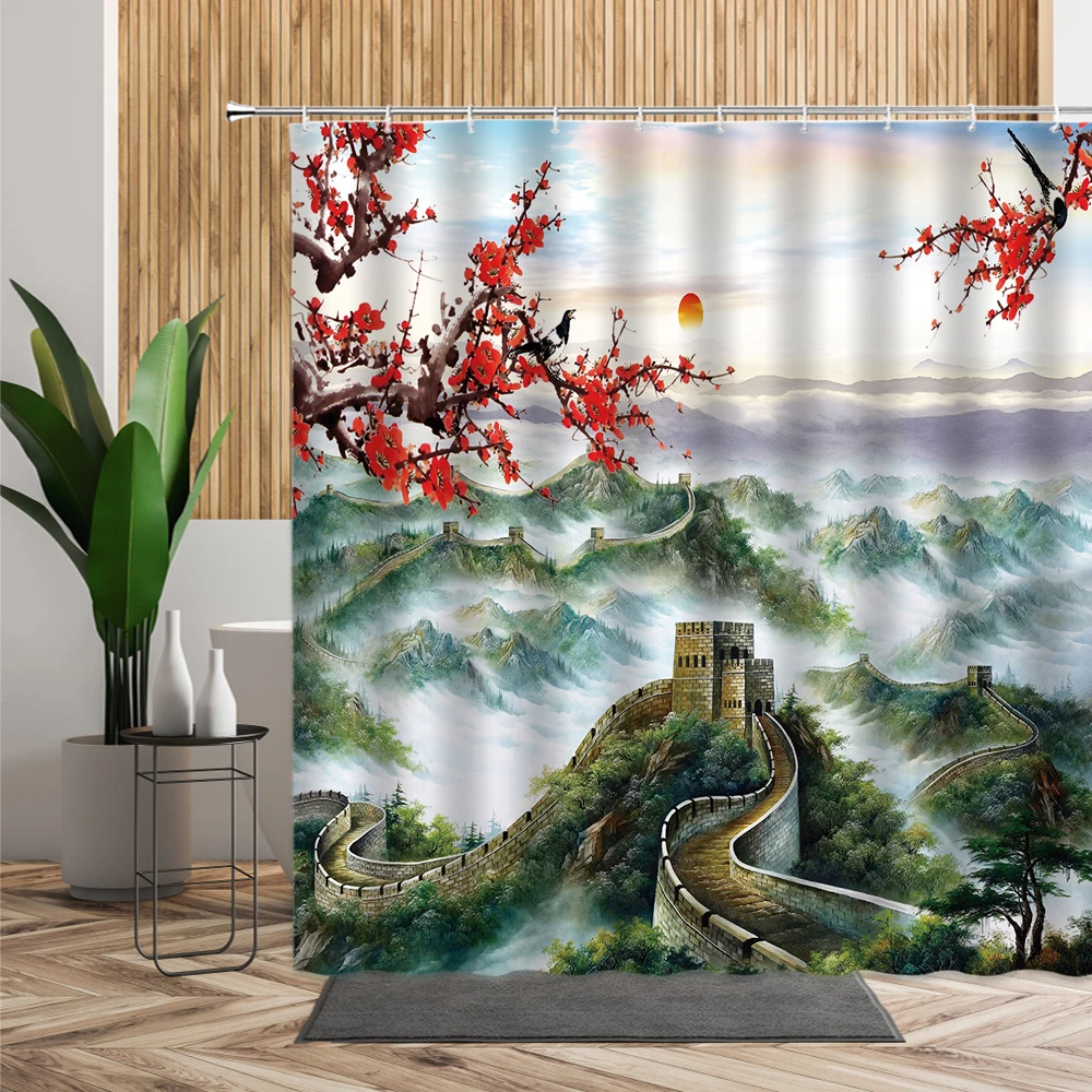 

Chinese Landscape Shower Curtain Ancient Building Bathroom Decors 3D Flower Scenery Ink Painting Waterproof Fabric Bath Curtains